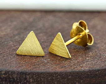 Gold Plated Solid 925 Sterling Silver Tiny 6mm Brushed Matte Flat Triangle Geometric Stud Push Back Earring Girls Children's Kids Gift