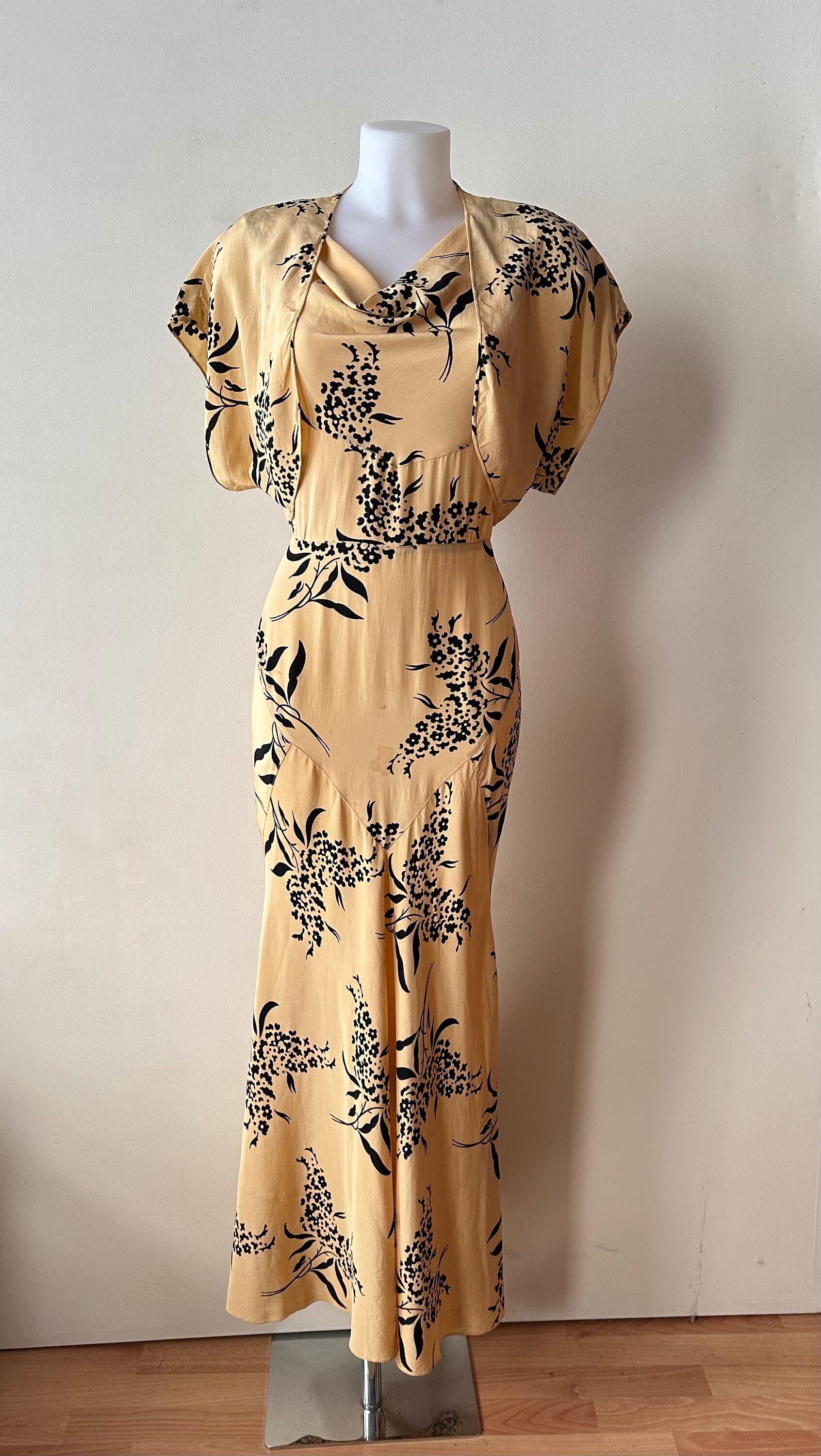 1930s Yellow Silk Floral Dress + Mesh Jacket | XS/S