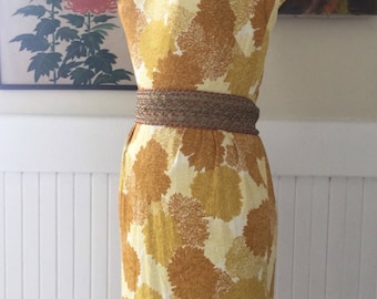 Vintage Pin Up 50s 60s Printed Floral Yellow Wiggle Dress Sz Small