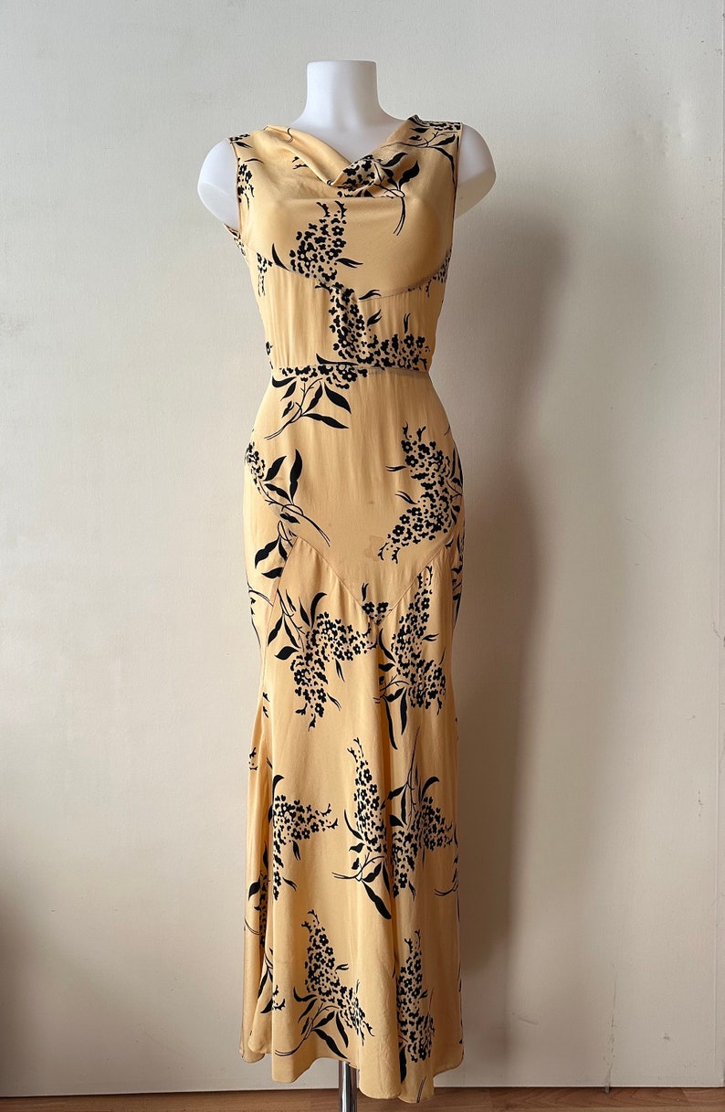 1930s 1940s stunning vintage yellow and black floral printed gown with matching jacket image 1