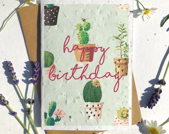 Biodegradable Plantable Birthday Card – Handmade Seed Paper Card for Cactus Plant Succulent Lovers