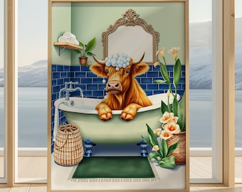 Funny Highland Cow Bath Print | Highland Cow Bathroom Wall Art | Quirky Animal Decor | Farmhouse Bathroom Gift
