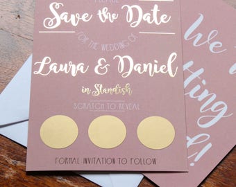 Blush pink and gold foil save the date scratch card including envelopes available in other colours!