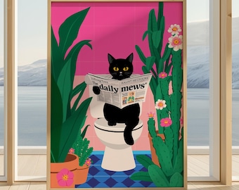Funny Black Cat Bathroom Print | Cat Reading Newspaper Wall Art | Hot Pink & Green Cat Decor | Humorous Animal Bathroom Gift