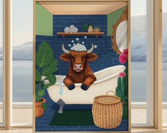 Funny Highland Cow Bathroom Print | Highland Cow in Bath Wall Art | Humorous Animal Decor | Farmhouse Bathroom Gift