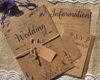 Lavender garden textured recycled kraft wedding invitations with envelopes