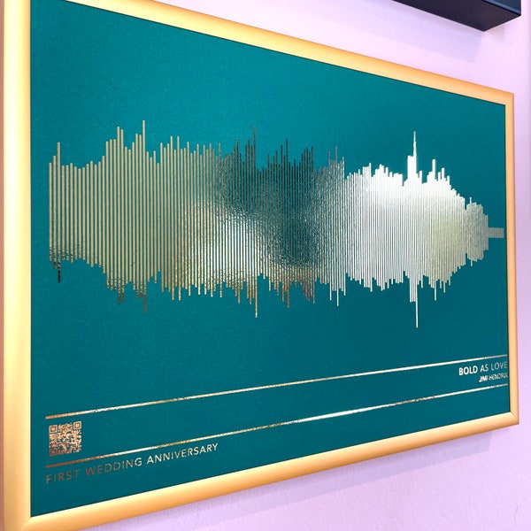 Custom sound wave equaliser wall art favourite song print gift, gold, silver, copper foil, any song, any colour scheme with scannable QR