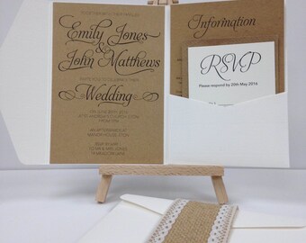 Textured kraft and laid burlap and lace pocket fold wedding invitation pack