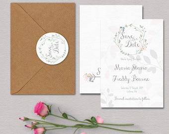 Textured boho pastel floral save the date magnets or cards with rustic kraft envelopes and stickers