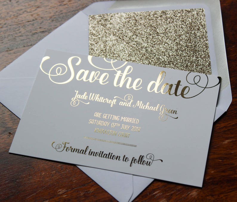 Luxury gold foil on silk white wedding save the date cards with glitter lined white envelopes image 1