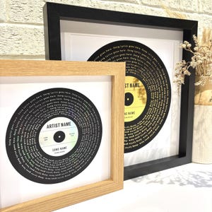 May include: Two framed black and white vinyl record prints with gold lettering. The top print has the text "ARTIST NAME" and "SONG NAME" in the center. The bottom print has the text "ARTIST NAME" and "SONG NAME" in the center.