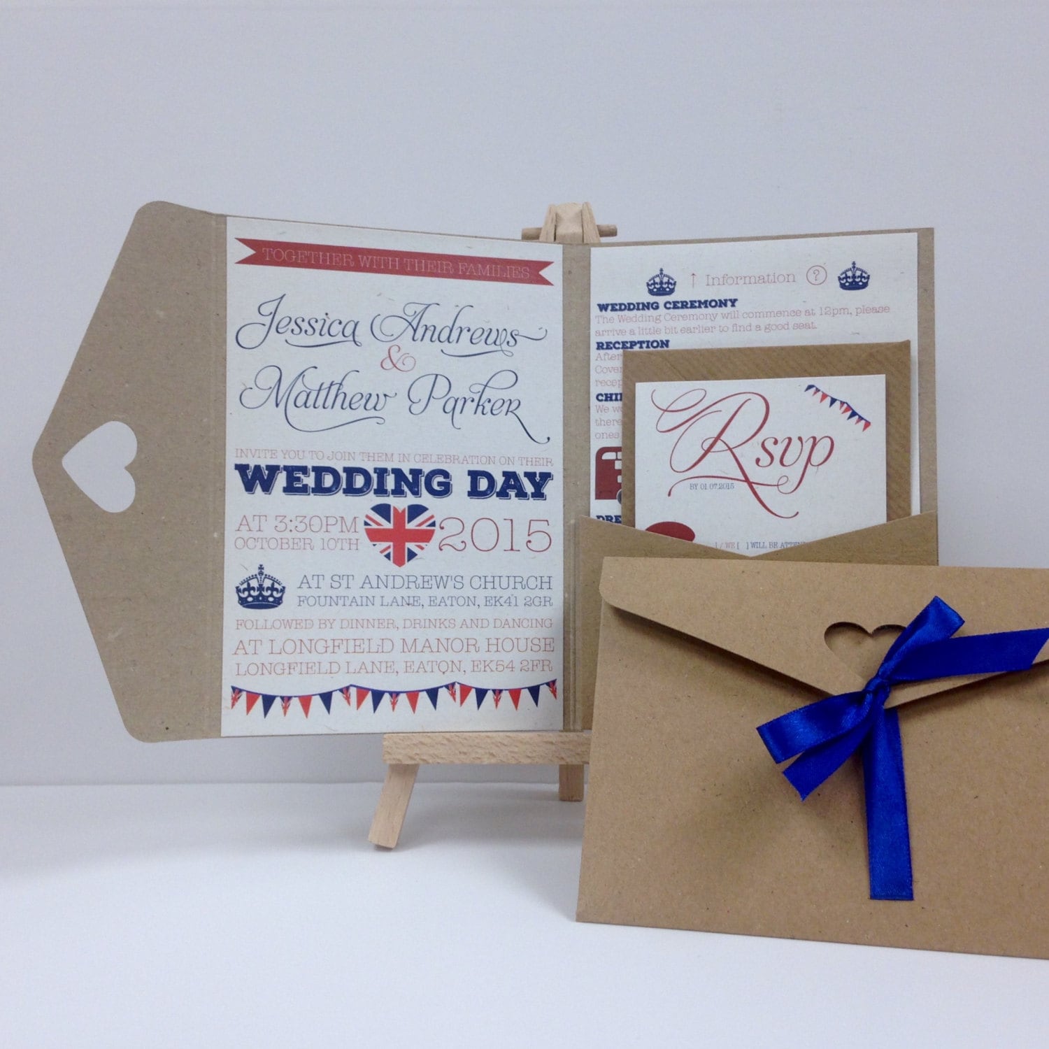 Vintage British kraft and ribbon pocket fold wedding invitation pack