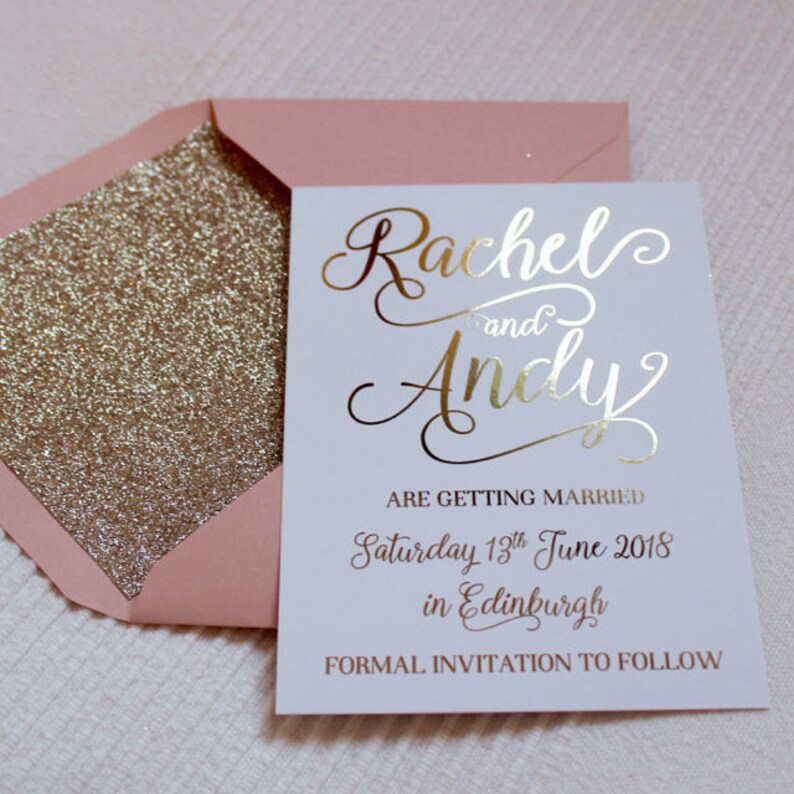 Luxury gold foil on silk white wedding save the date or evening cards with glitter lined blush pink envelopes image 1