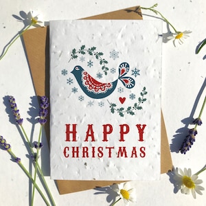 Biodegradable seed paper Christmas festive season greetings card traditional Nordic bird holly