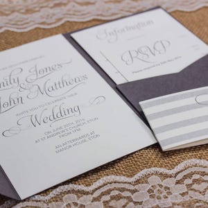 Textured Wedding Invitation Pocket Fold: Grey & White with Envelopes