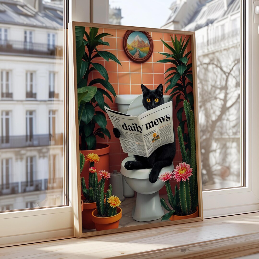 Black Cat Reading Newspaper Art Print | Funny Cat Wall Decor | Humorous ...