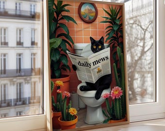 Funny Black Cat Art Print | Newspaper Reading, Bathroom Humor