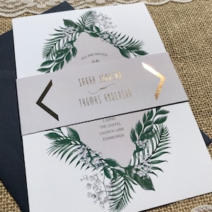 Elegant botanical gold foil and grey wedding invitation package with any accent colour