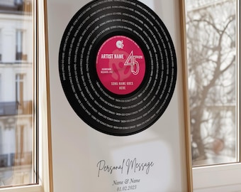 Gepersonaliseerde print op vinylplaat – cadeau aangepaste songtekst | Kies kleur en lijst | Muziekherinnering voor stellen