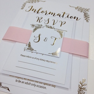 Luxury gold foil and blush pink leaf wedding invitations