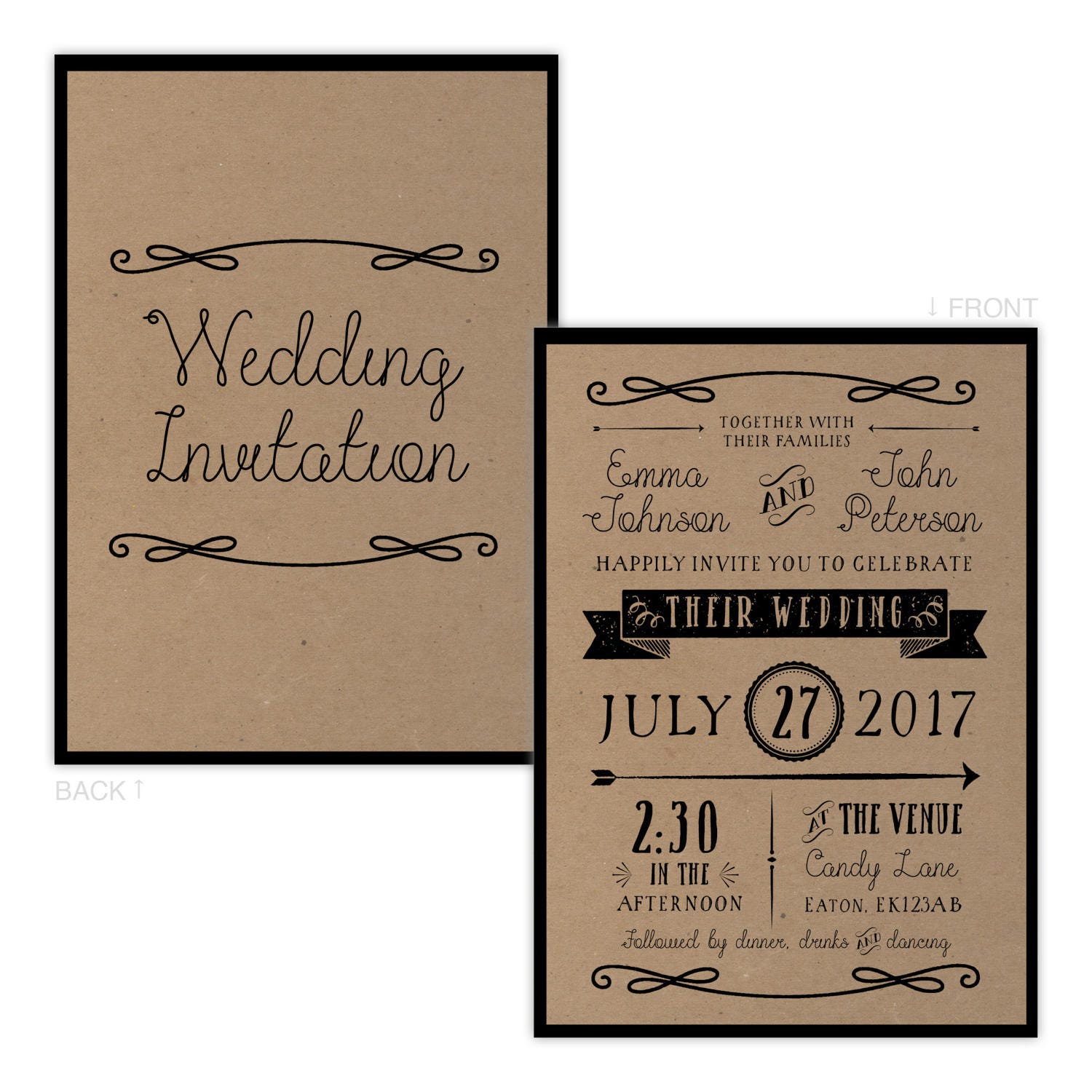 Rustic recycled ornate festival kraft wedding invitations with | Etsy