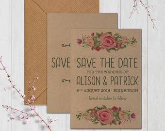 Vintage kraft floral wedding save the date cards with (Pack of 10)