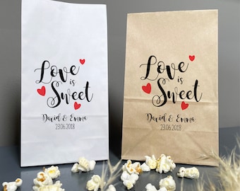 Personalised wedding LOVE IS SWEET bags, "hearts" candy bags, lolly bags, other bag colours available!