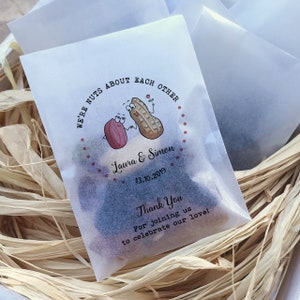 Eco-friendly glassine wedding favour nuts bags - Different sizes - we're nuts about each other biodegradable wedding favor bags