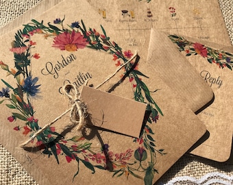 Recycled kraft floral botanical garden festival timeline wedding invitation package with envelopes