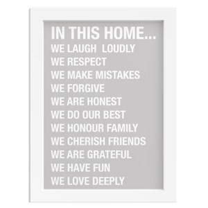 In this home quote print family gift rules of the house framed print