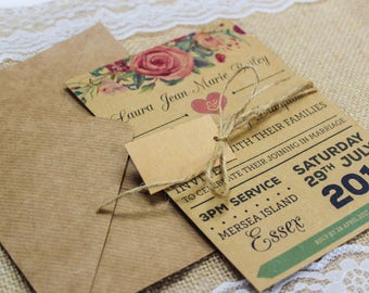 Rustic kraft rose garland vintage shabby chic wedding invitation package with kraft envelopes