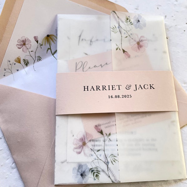 WEDDING SEED CARD invitation set, Blush Pink wildflowers plantable wedding invites with vellum wrap, 100% Biodegradable