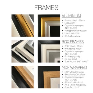 May include: A comparison of different picture frame styles, including aluminum, box frames, and MDF wrapped frames. The frames are shown in various sizes and colors, with details about their construction and features.