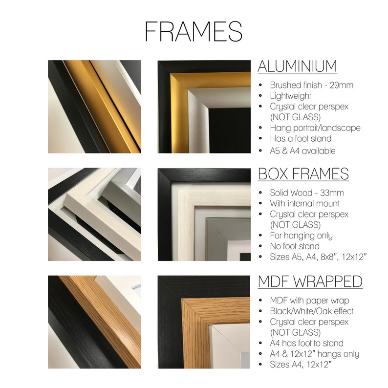 May include: A comparison of different picture frame styles, including aluminum, box frames, and MDF wrapped frames. The frames are shown in various sizes and colors, with details about their construction and features.