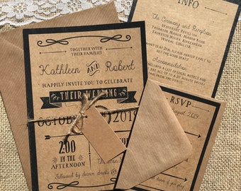 Rustic recycled ornate festival kraft wedding invitations with envelopes