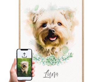 Custom Watercolour Pet Portrait from Photo with Floral Design | Personalised Dog & Cat Art Print | Watercolour Pet Lover Gift