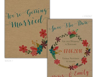 Vintage kraft wedding save the date cards romantic floral garland including kraft envelopes! (Pack of 10)