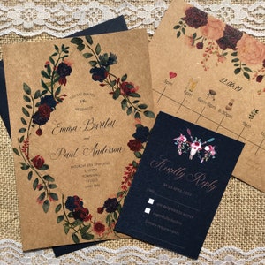 Boho floral timeline textured recycled kraft wedding invitations with envelopes