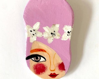 Illustrated Woman Brooch - Pink Hair and white flowers - Wooden Handmade One of a Kind