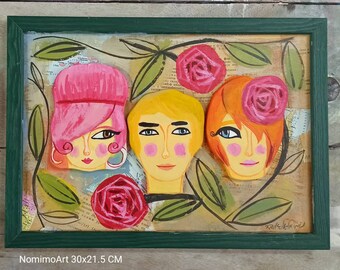 Framed Painting - Illustrated Trio Portraits Wooden Wall Decor - Layered Hand-Drawn Birch wood - One of a Kind