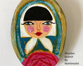 Illustrated Matryoshka with red rose Brooch - Wooden Handmade One of a Kind
