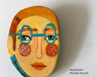 Illustrated Man Brooch - Fashion Wooden ginger hair Man with blue glasses