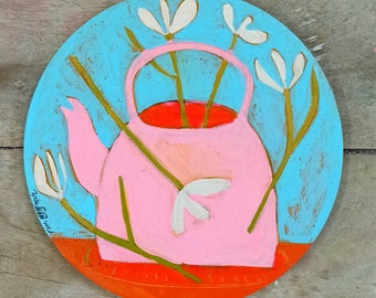 Small Wooden Painting - Teapot With Flowers - Round Wall Decor - Hand-Drawn Birchwood - One of a Kind