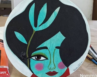 Small Round Wooden Painting - Illustrated Woman Portrait - Wooden Wall Decor - Hand-Drawn Plywood - One of a Kind