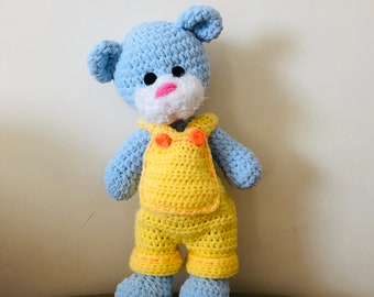 Ted in dungarees crochet amigurumi pattern, plush yarn