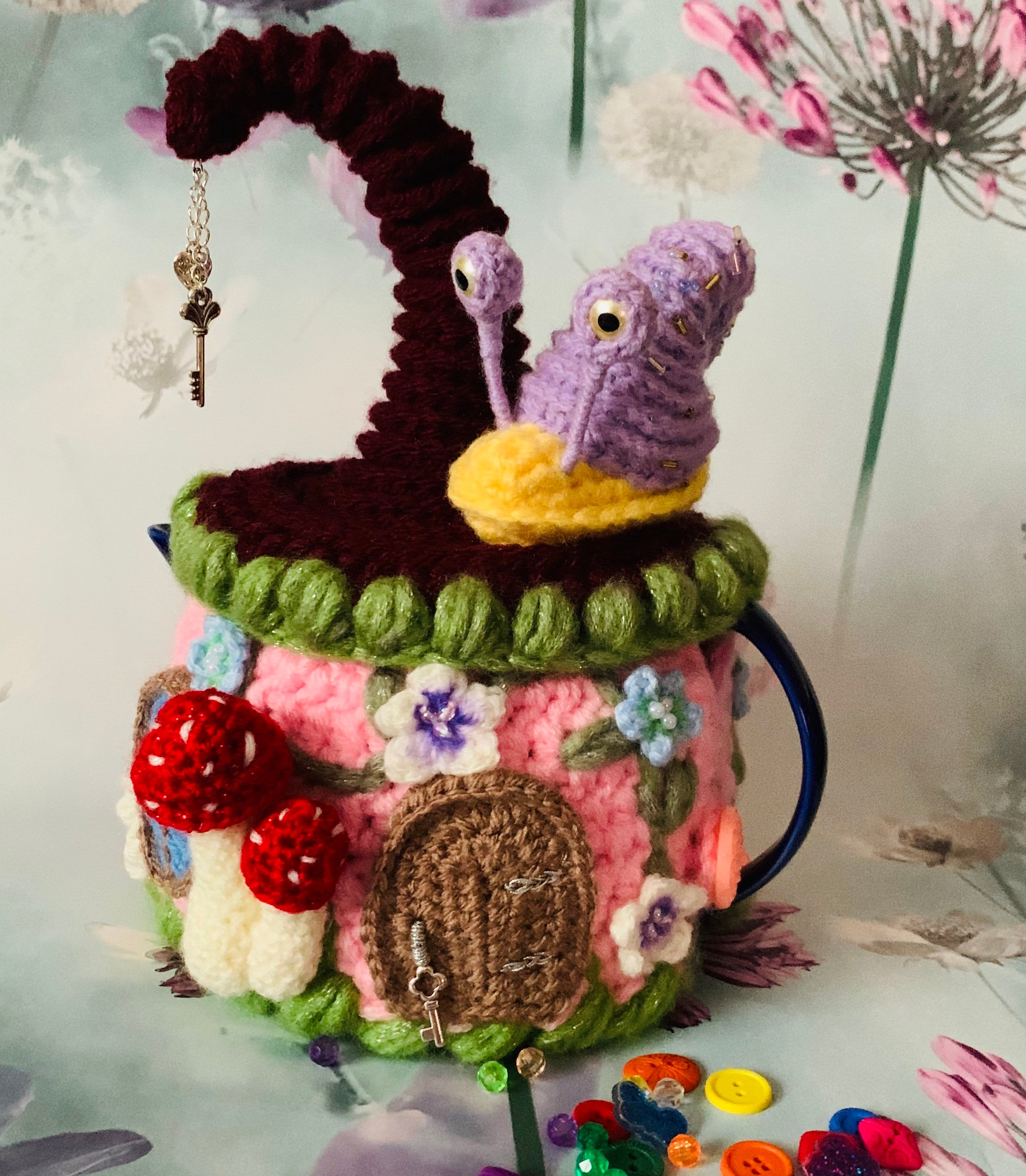 Crochet tea cosy, fairy house