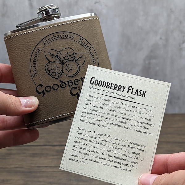 Goodberry Gin Hip Flask and Magic Item Card | Dungeons and Dragons Themed 6oz Leather-like Flask