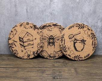 Honey Bee Cork Trivet - Set of 3 | Beehive, Bee, and Honey Pot