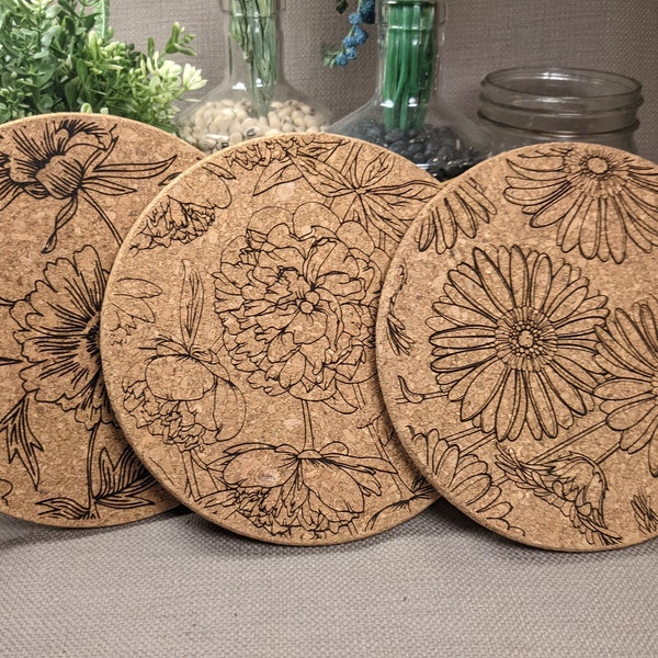 Flower Cork Trivet - Set of 3 | Peony, Daisy, and Wildflower