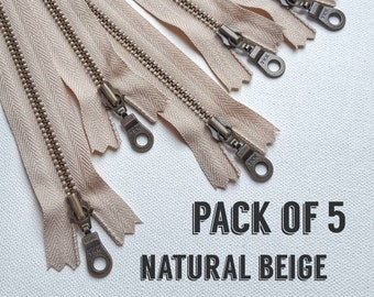 YKK Natural Beige (572) Antique Brass Doughnut Pull  Zippers *Pack of 5* All sizes from 10cm up to 61cm / from 4&quot; to 24&quot; inches *Closed End*